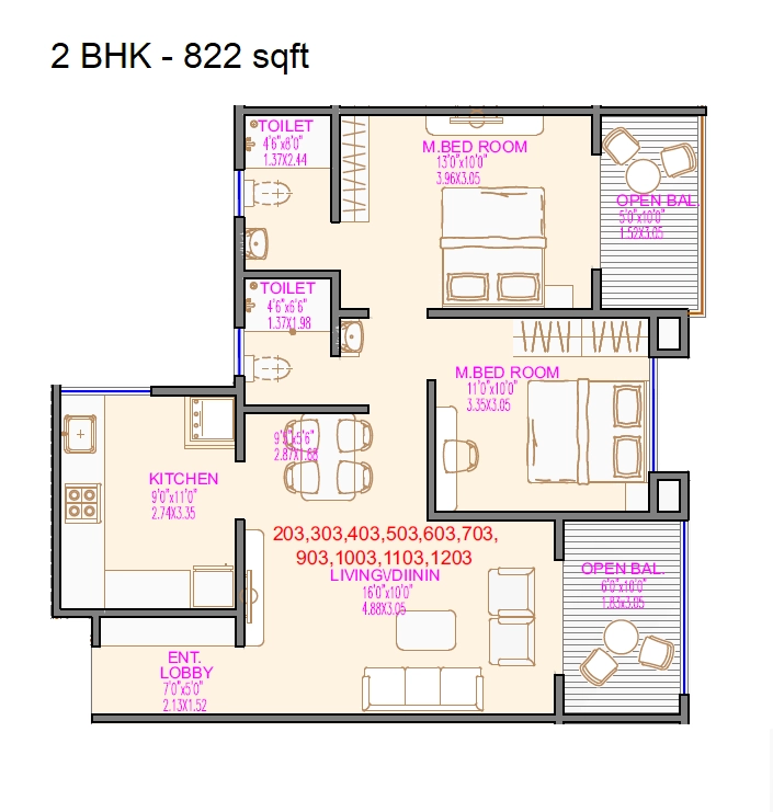 Sukhwani Araya Unit plan - 822 sq.ft.
