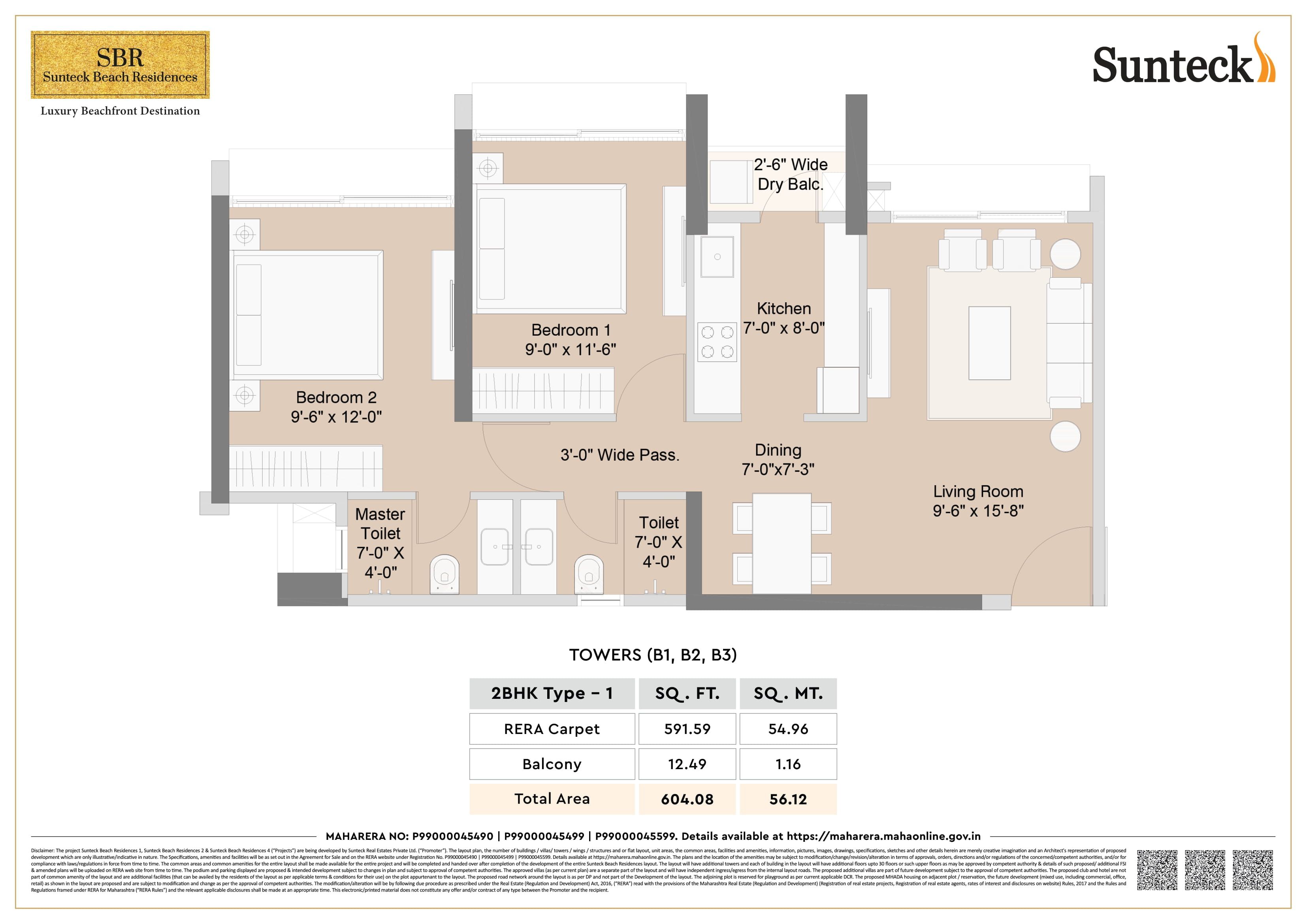 Sunteck Beach Residences Unit plan - 604 sq.ft.