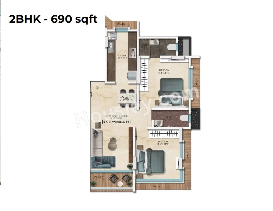 Svarna Rose Mary Unit plan - 690 sq.ft.