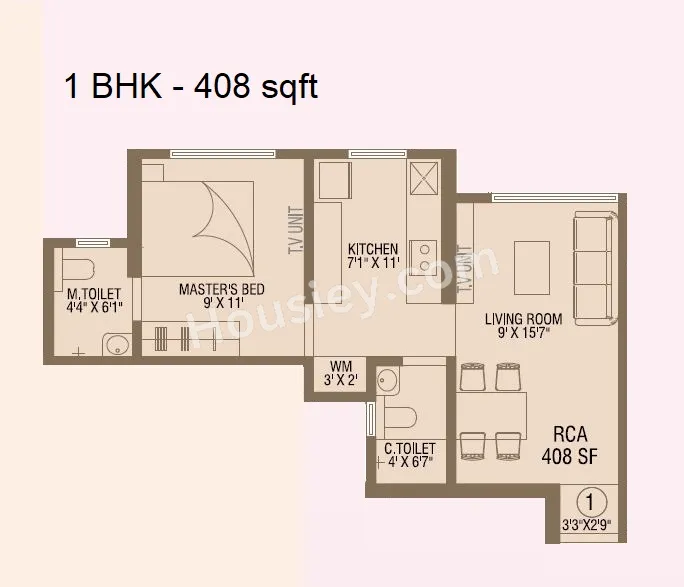 Swastik Tulip Unit plan - 408 sq.ft.