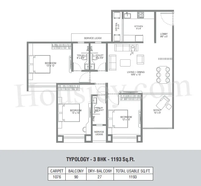 Primespace The Address Unit plan - 1193 sq.ft.