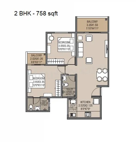 Akanksha The Camelia Unit plan - 758 sq.ft.