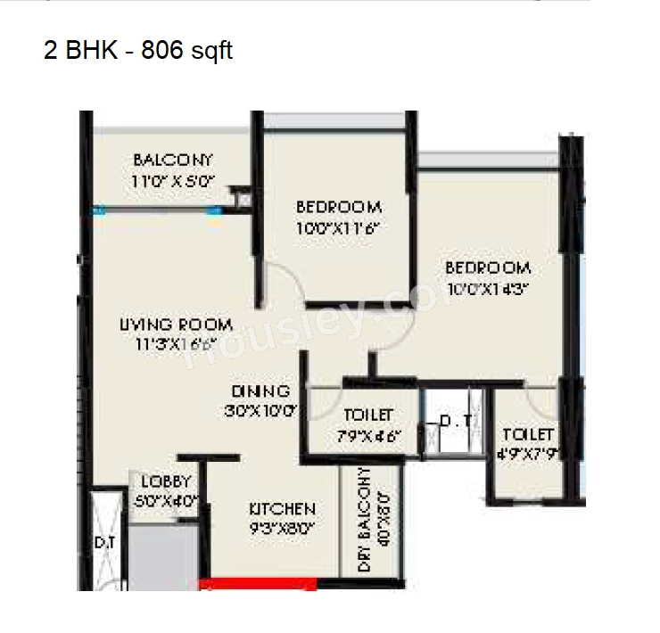 The Rising Unit plan - 806 sq.ft.