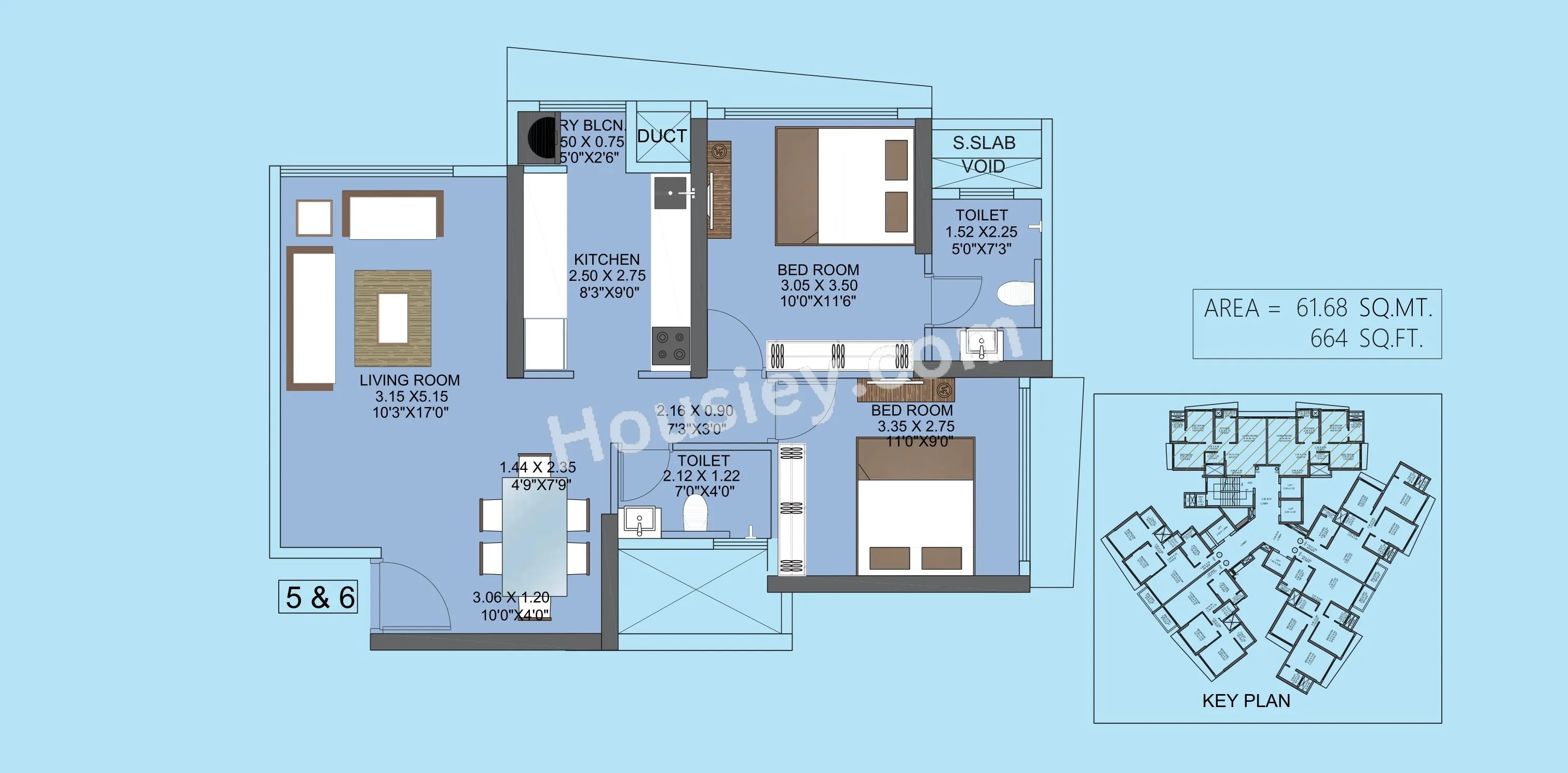 Tridhaatu Morya Unit plan - 664 sq.ft.