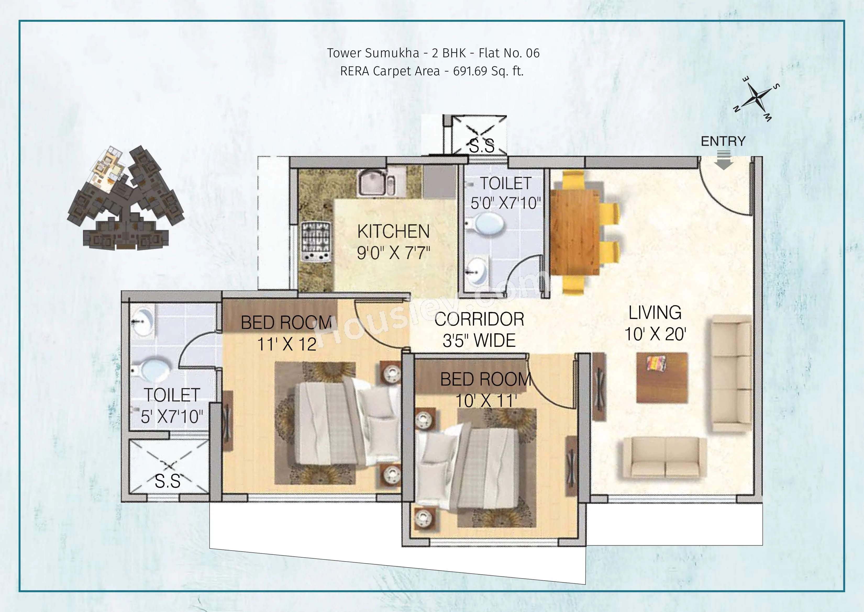 Tridhaatu Morya Unit plan - 692 sq.ft.