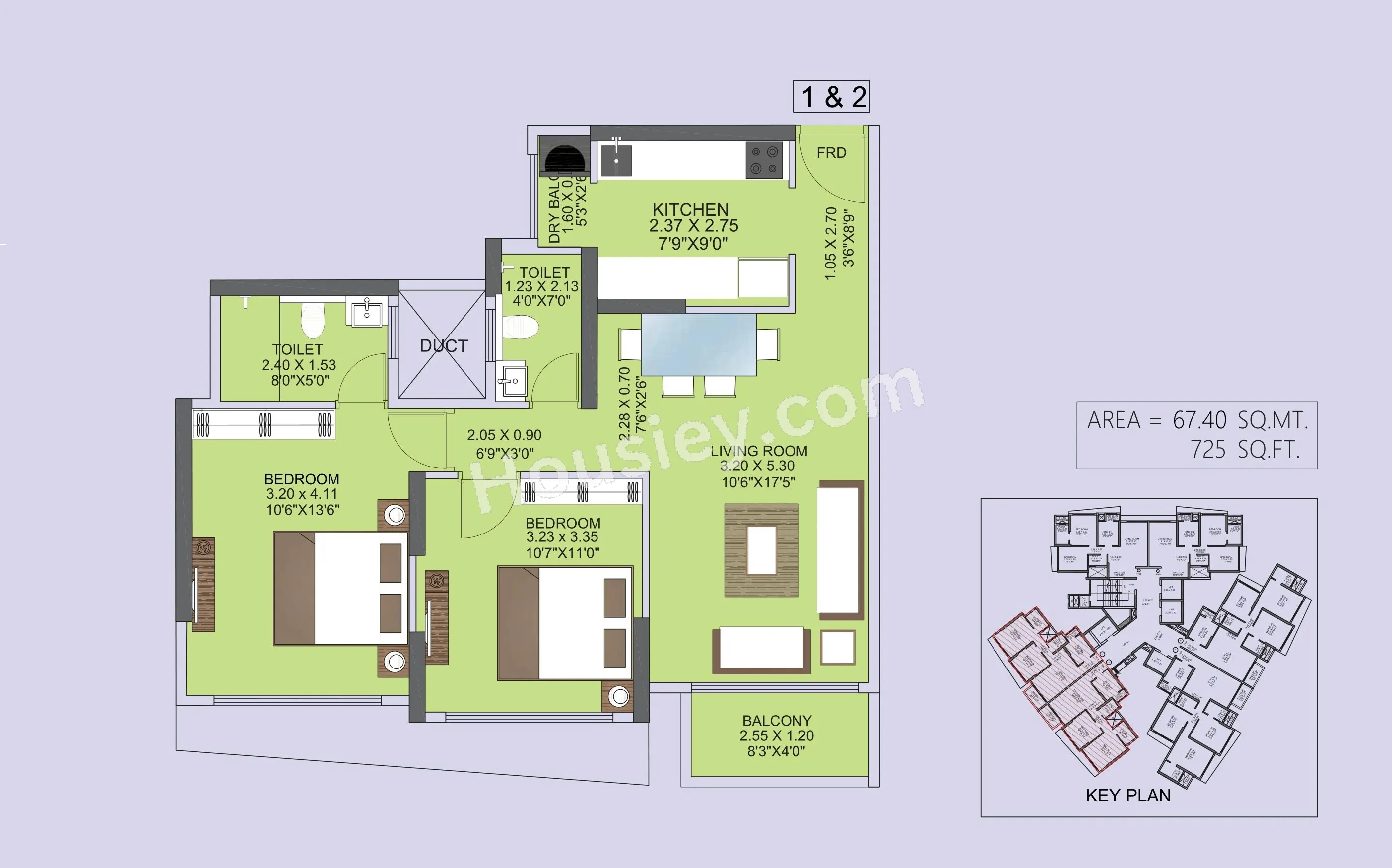 Tridhaatu Morya Unit plan - 728 sq.ft.