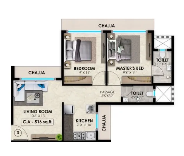 Vasundhara Paradise Unit plan - 516 sq.ft.