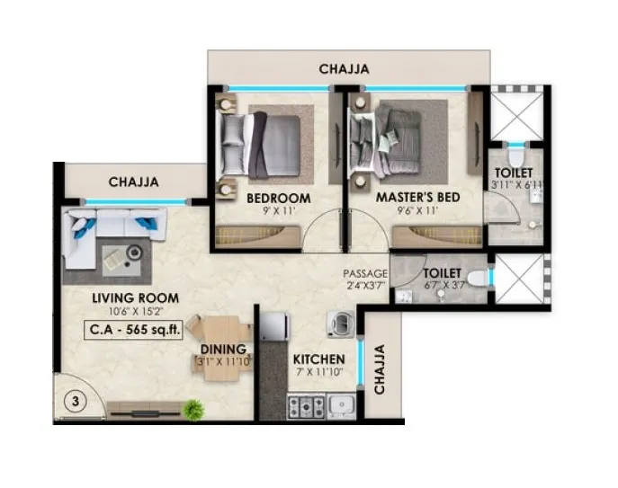 Vasundhara Paradise Unit plan - 565 sq.ft.