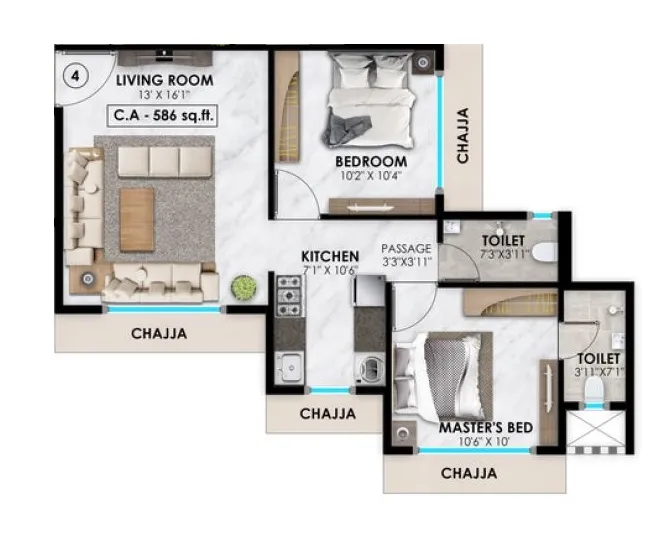 Vasundhara Paradise Unit plan - 586 sq.ft.
