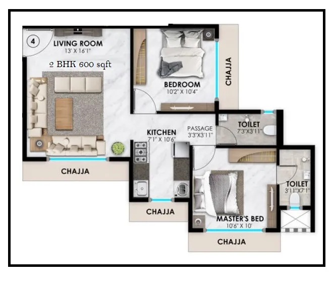 Vasundhara Paradise Unit plan - 600 sq.ft.