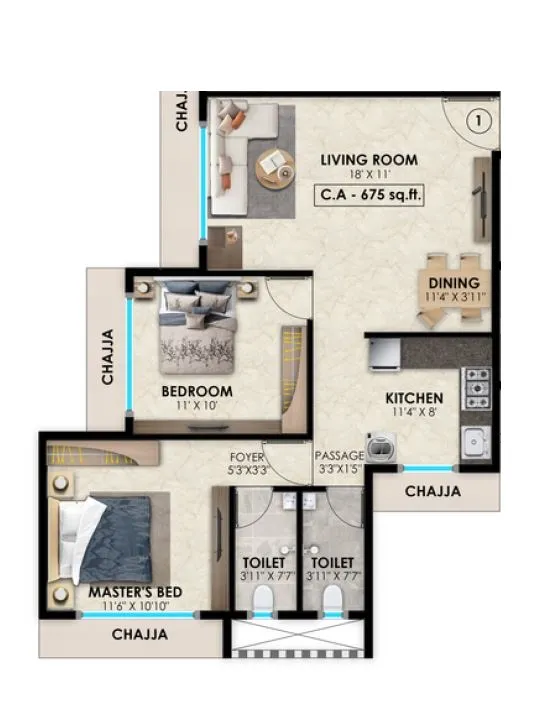 Vasundhara Paradise Unit plan - 675 sq.ft.