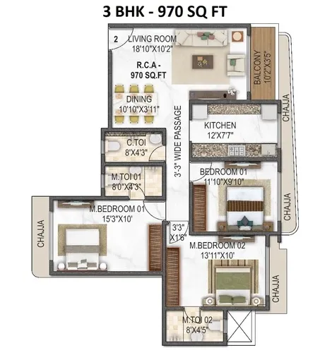 Vaswani Vista One Unit plan - 710 sq.ft.