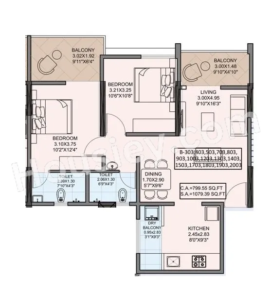 Vellkin Basil Flora Unit plan - 799 sq.ft.