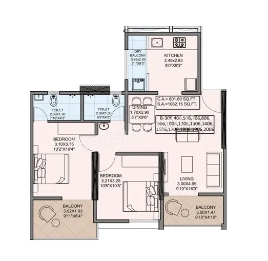 Vellkin Basil Flora Unit plan - 800 sq.ft.