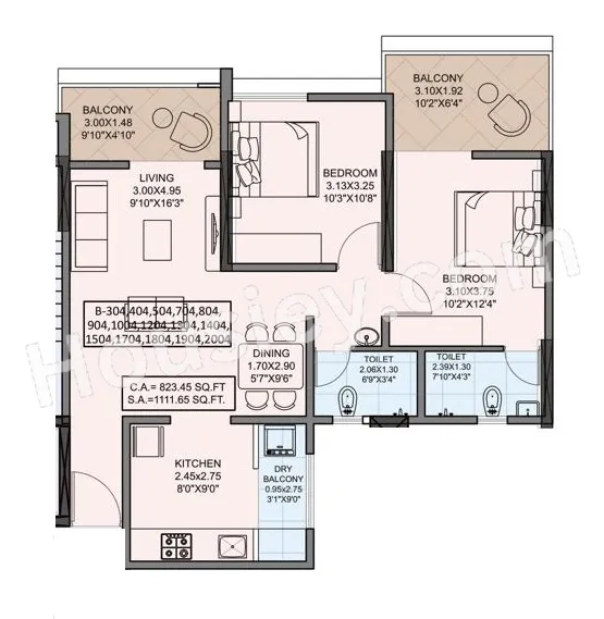 Vellkin Basil Flora Unit plan - 823 sq.ft.