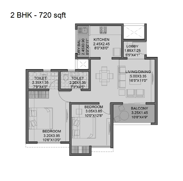 Siddhivinayak Vision New Ville Unit plan - 720 sq.ft.
