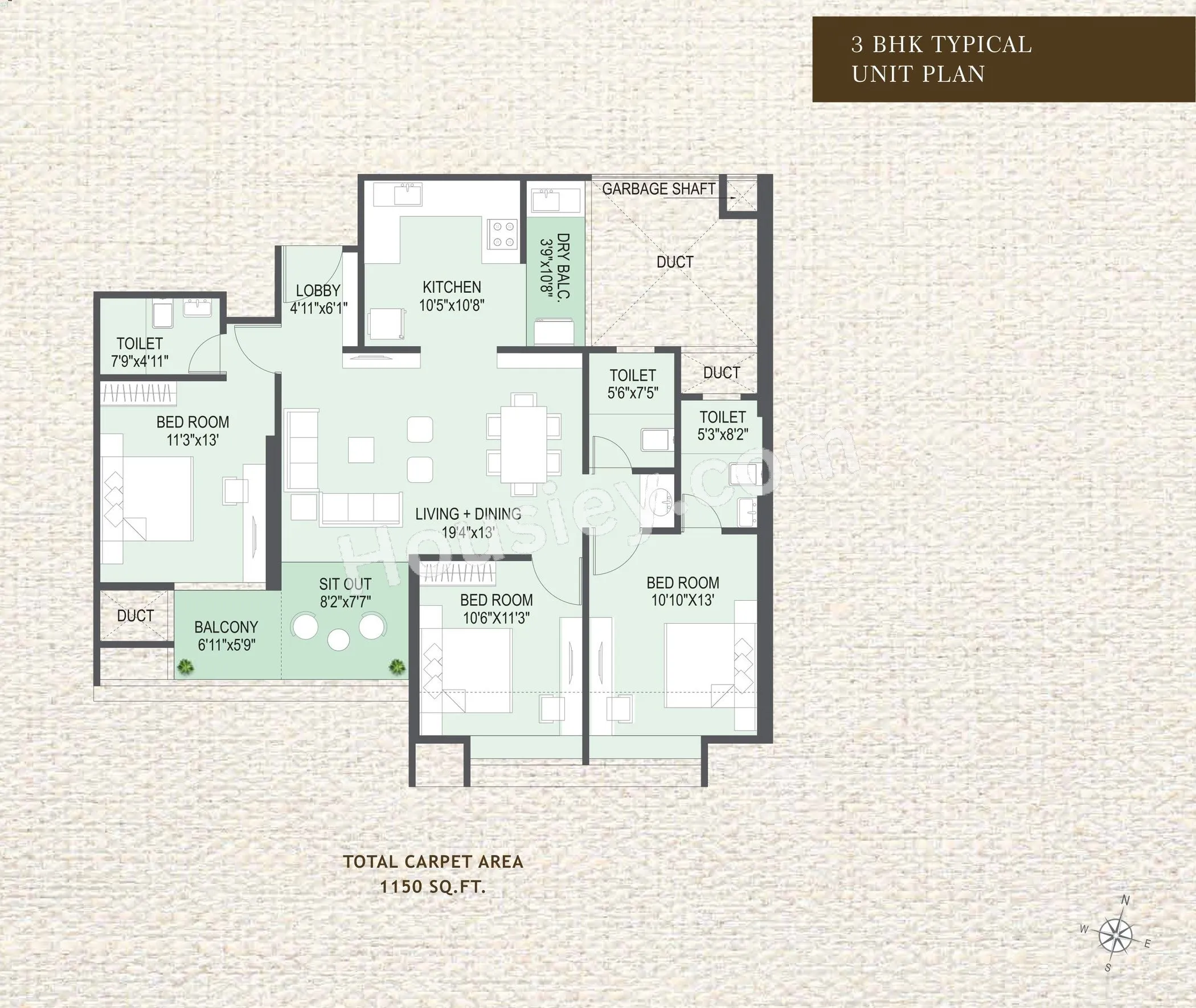 Yashada Jubliee Hills Unit plan - 1150 sq.ft.