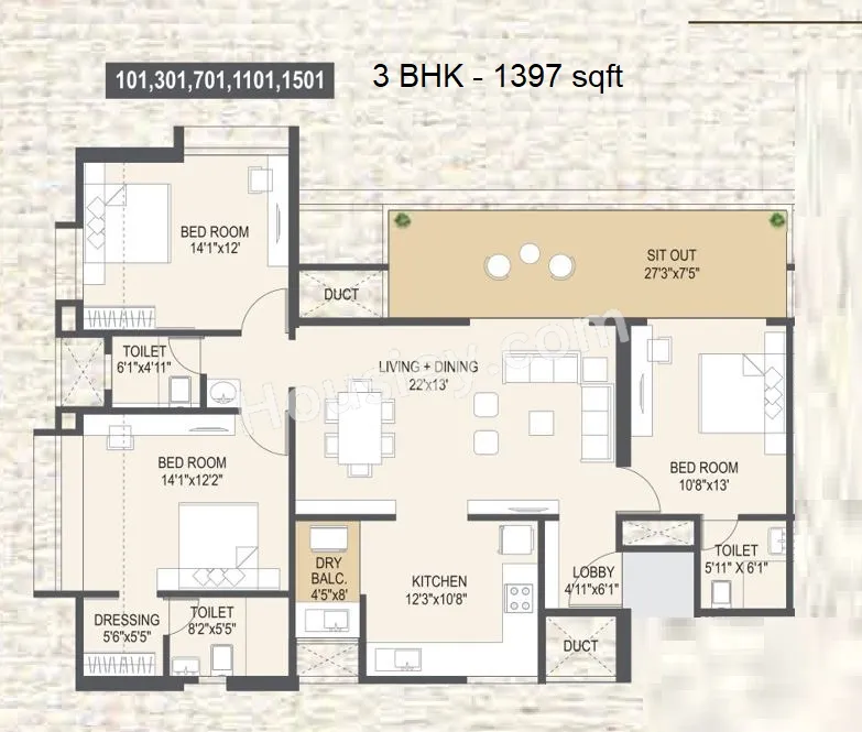Yashada Jubliee Hills Unit plan - 1397 sq.ft.