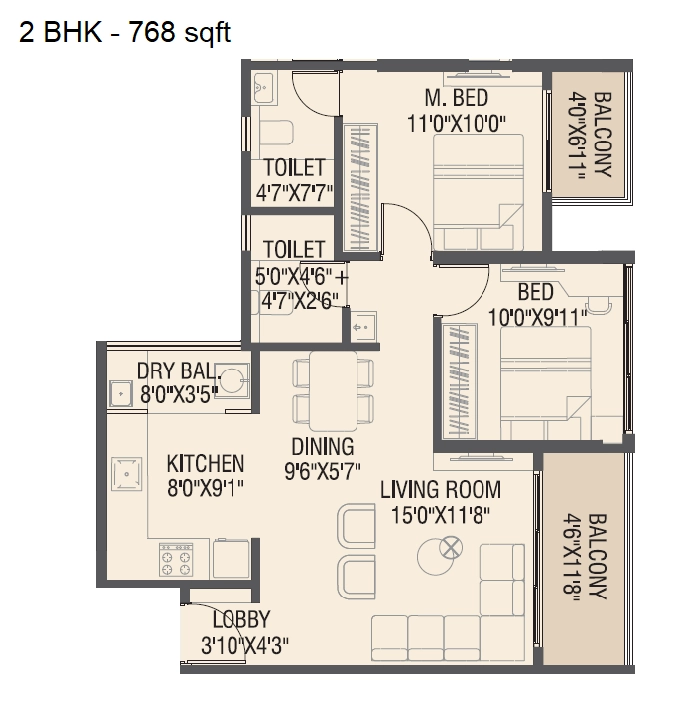 Yashada Windsong Unit plan - 768 sq.ft.