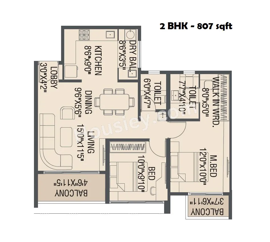 Yashada Windsong Unit plan - 807 sq.ft.