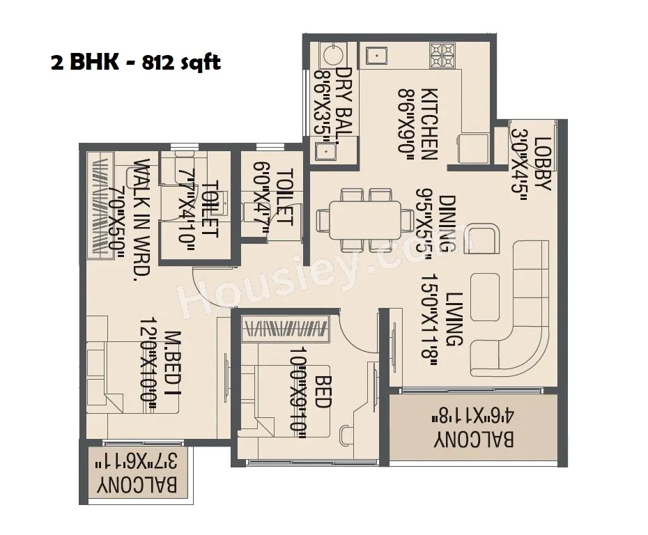 Yashada Windsong Unit plan - 812 sq.ft.