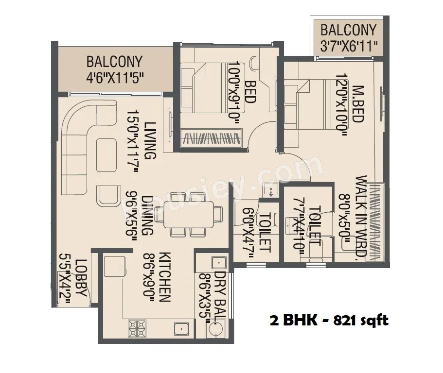Yashada Windsong Unit plan - 821 sq.ft.
