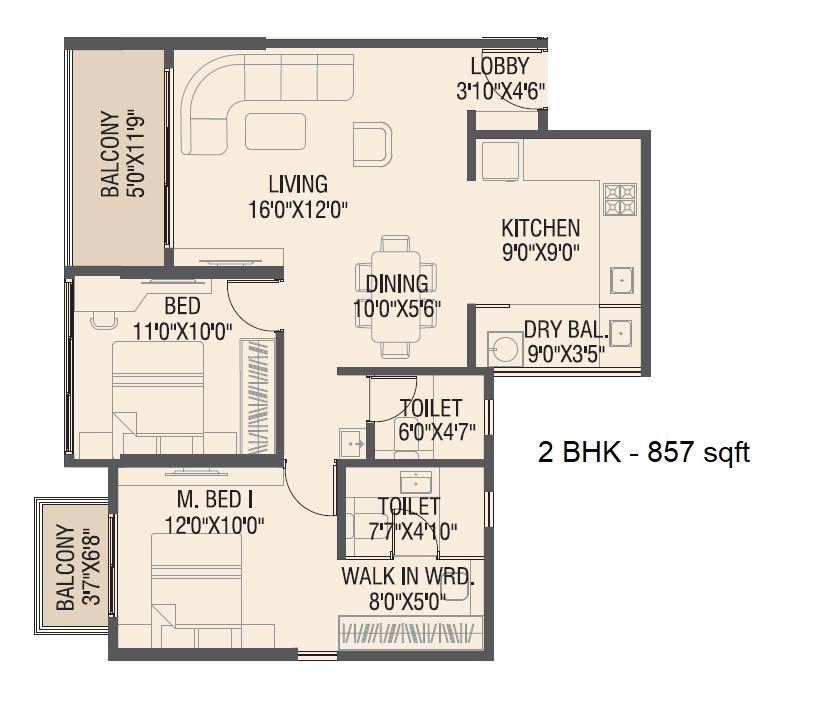 Yashada Windsong Unit plan - 857 sq.ft.