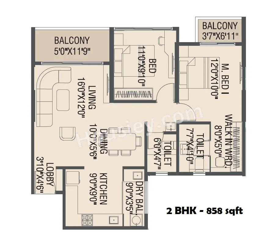 Yashada Windsong Unit plan - 858 sq.ft.