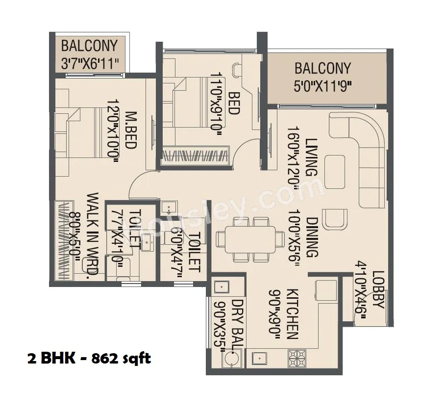 Yashada Windsong Unit plan - 862 sq.ft.