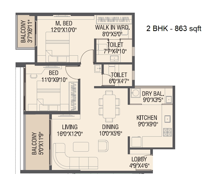 Yashada Windsong Unit plan - 863 sq.ft.