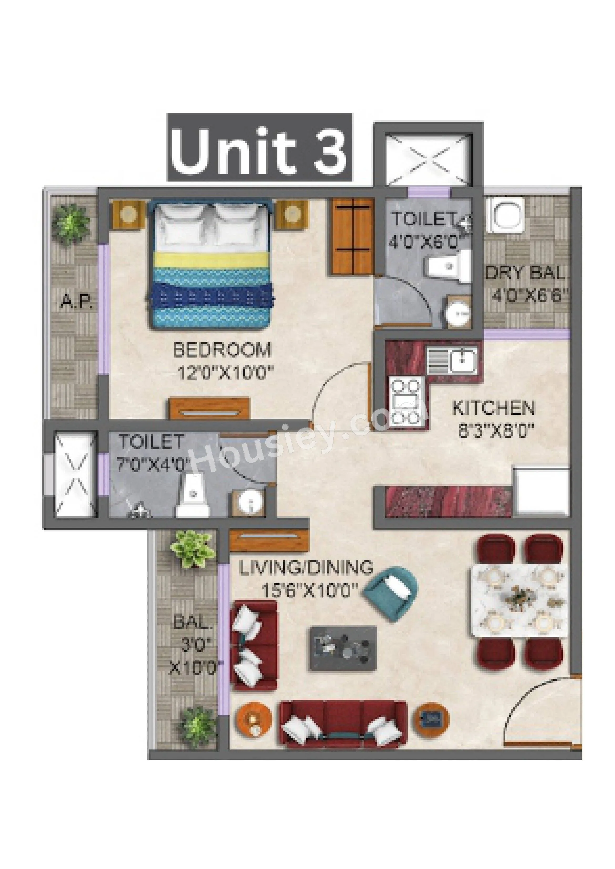 Zar Landmark Unit plan - 520 sq.ft.