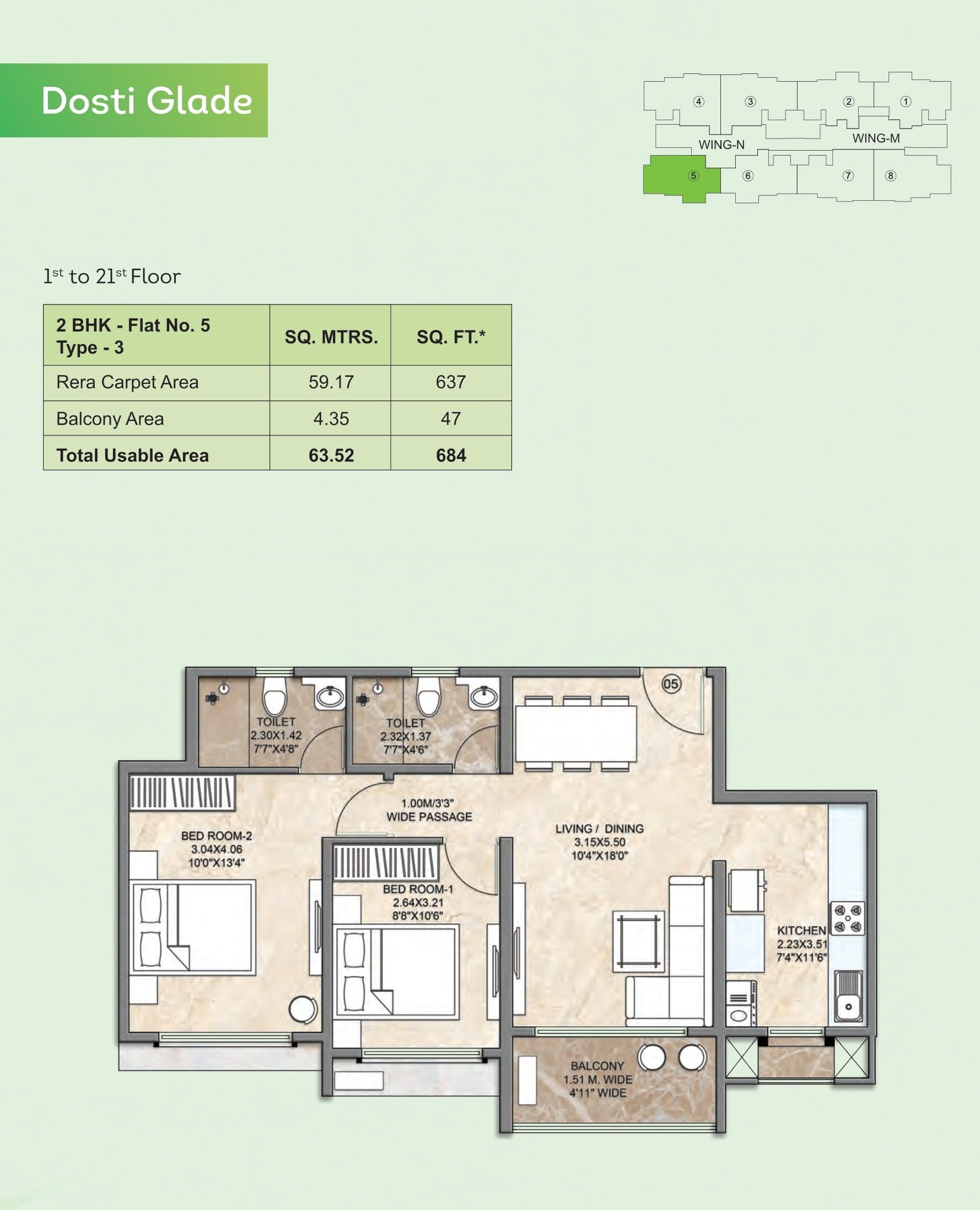 Dosti Greenscapes Unit plan - 684 sq.ft.