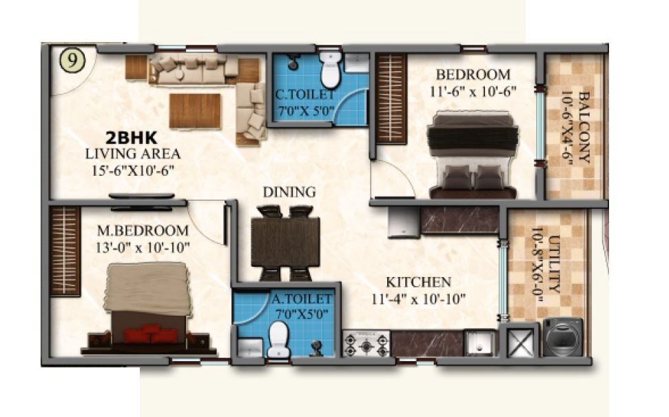 DS MAX Sky Blossom Unit plan - 843 sq.ft.