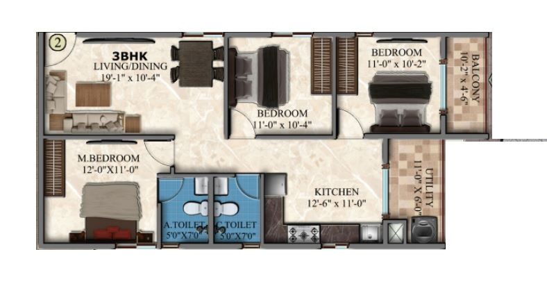 DS MAX Sky Blossom Unit plan - 952 sq.ft.
