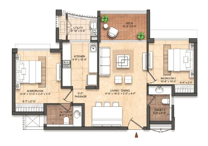Lodha Divino Unit plan - 858 sq.ft.