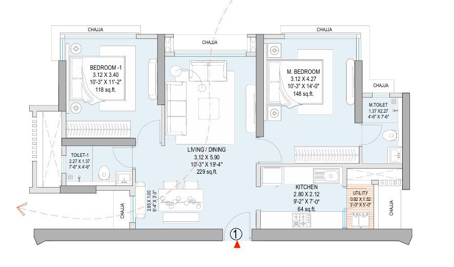 Godrej Horizon Unit plan - 689 sq.ft.