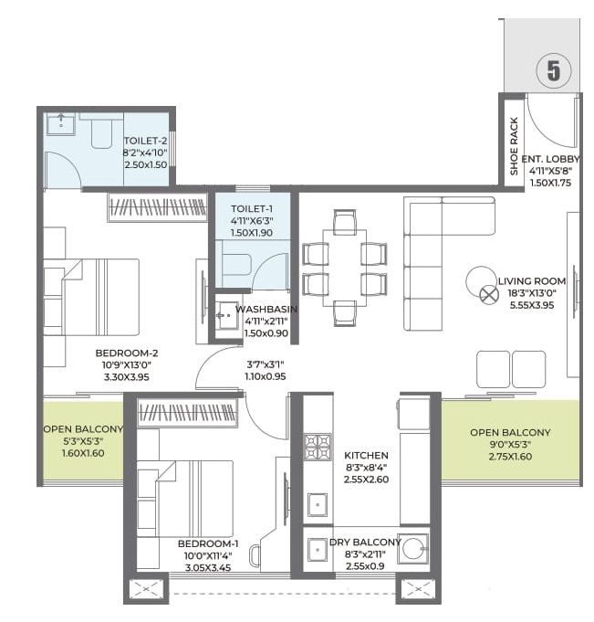 Pharande L Axis Unit plan - 835 sq.ft.