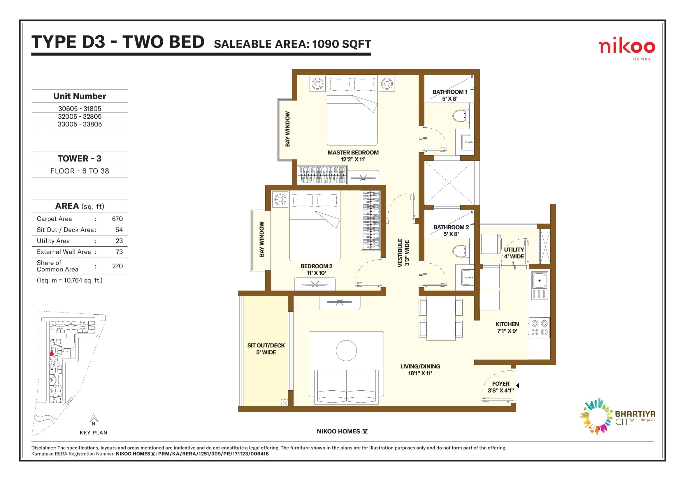 Bhartiya Nikoo Homes 5 Unit plan - 670 sq.ft.