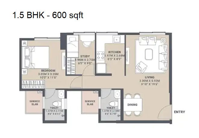 Shapoorji Sarova Siennaa Unit plan - 600 sq.ft.