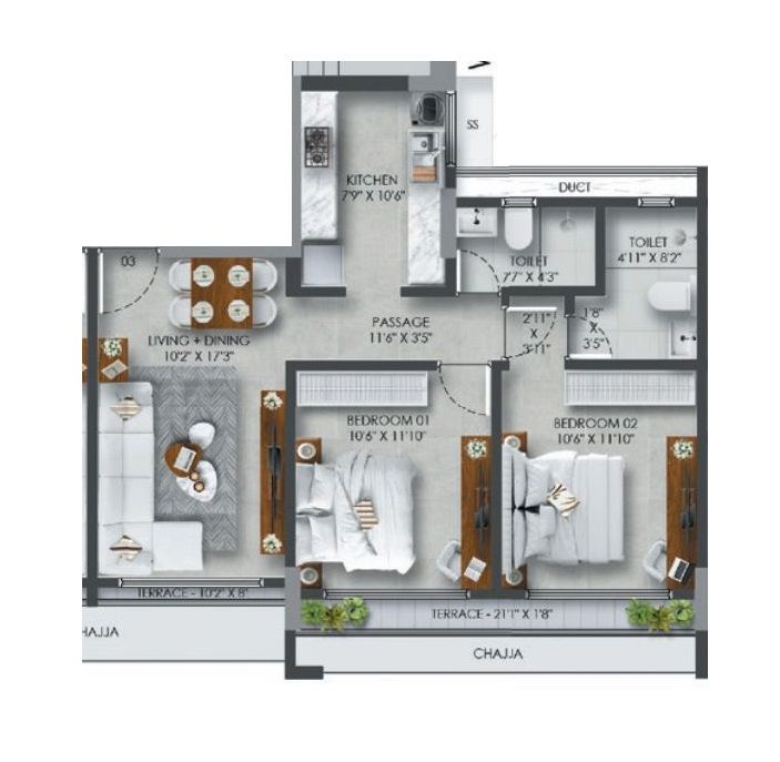 Paradigm Artteza Unit plan - 727 sq.ft.