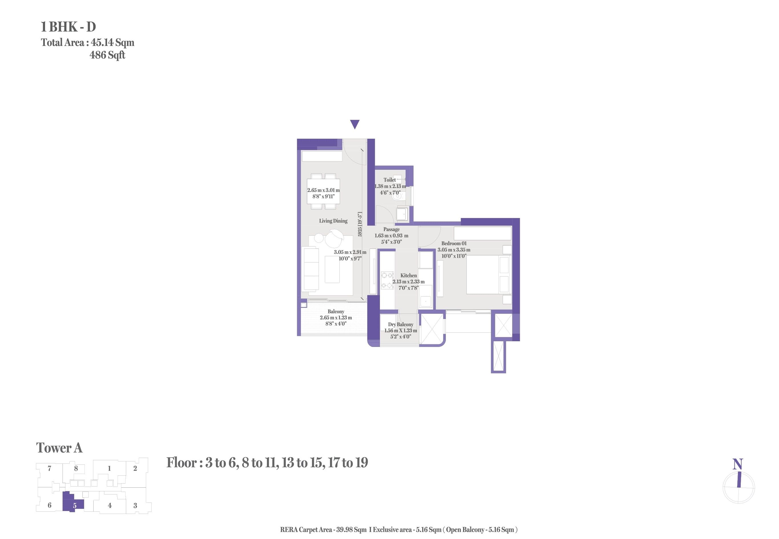Birla Punya Unit plan - 485 sq.ft.