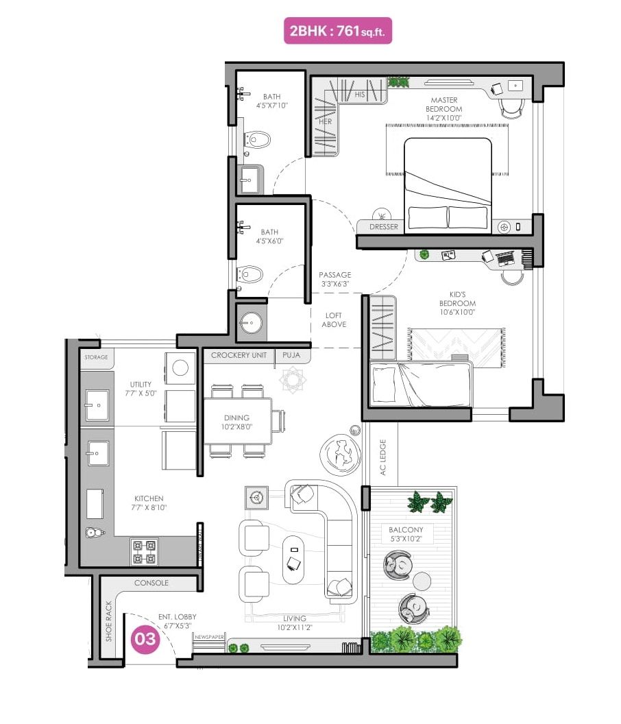 VJ Yashwin Urbo Centro Unit plan - 761 sq.ft.