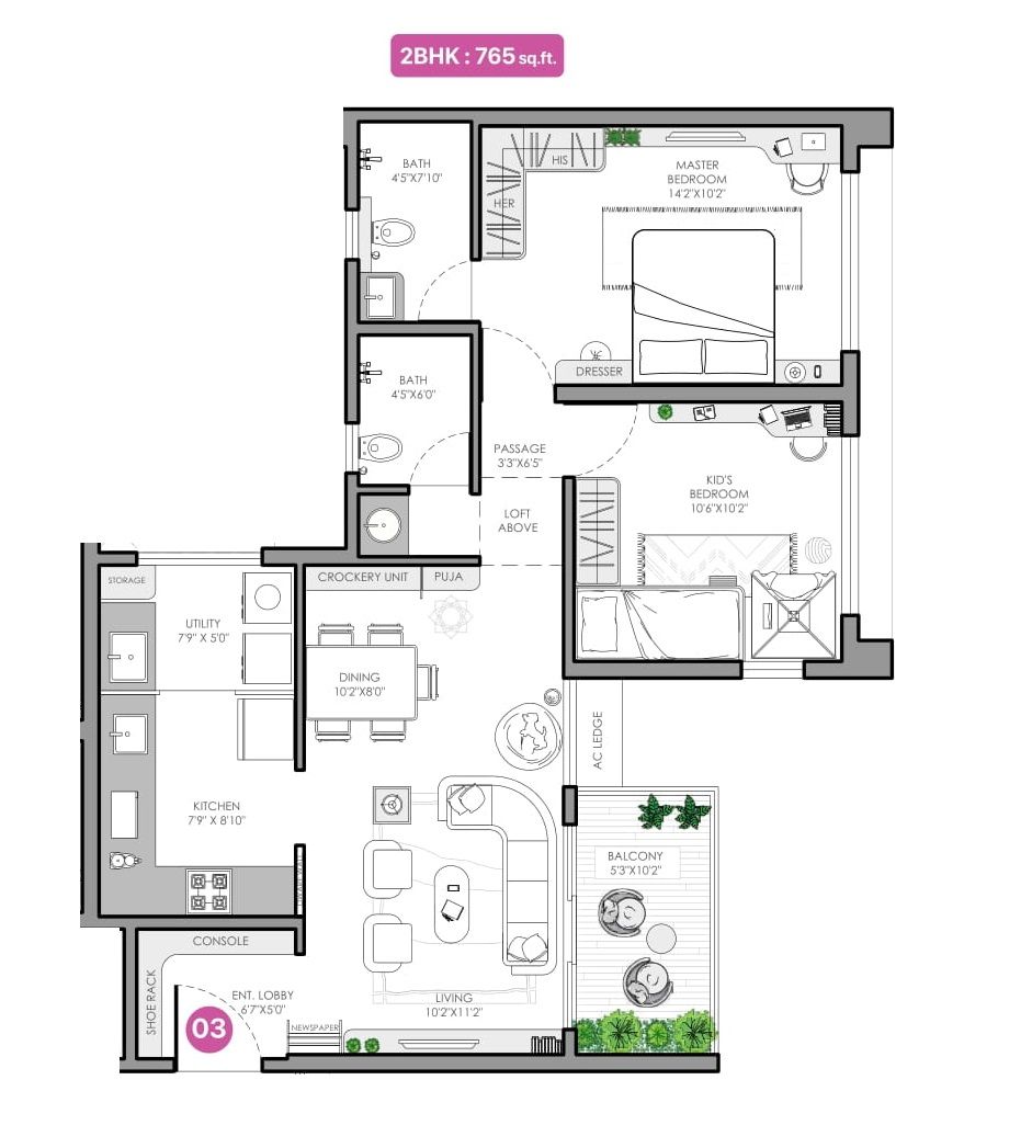 VJ Yashwin Urbo Centro Unit plan - 765 sq.ft.