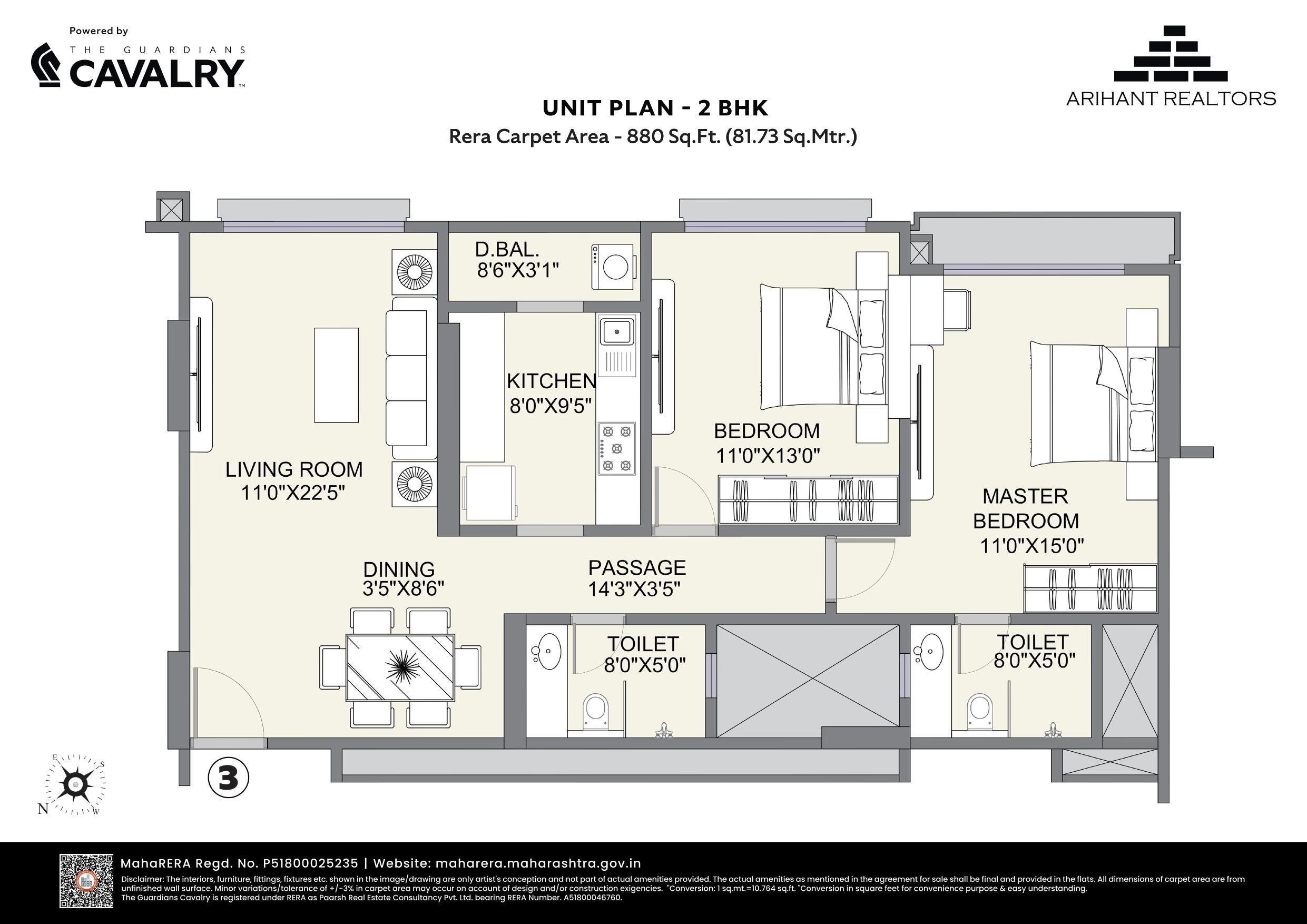 Arihant The X Ghatkopar Unit plan - 880 sq.ft.