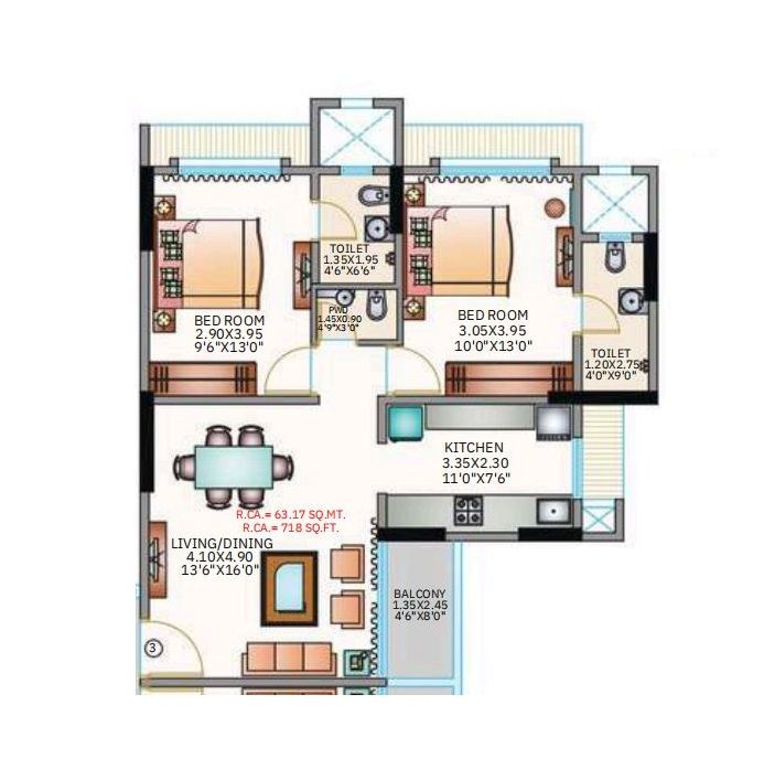 Metro Millenium Unit plan - 718 sq.ft.