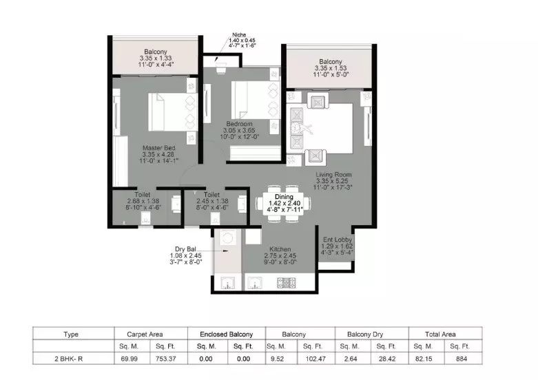 Kohinoor Central Park Unit plan - 884 sq.ft.