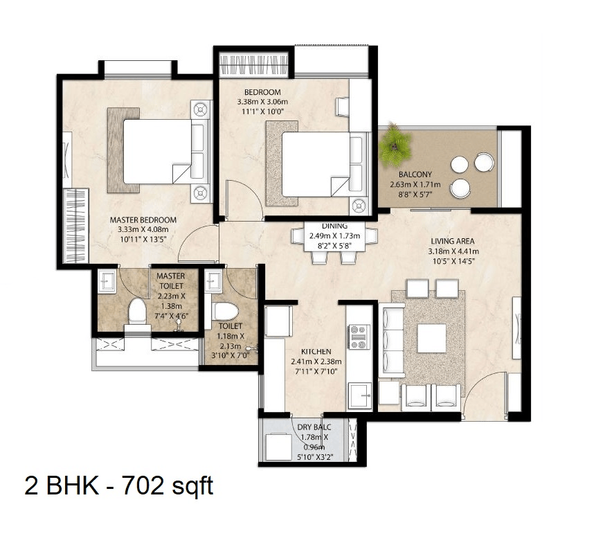 Mahindra Happinest Tathawade Unit plan - 702 sq.ft.