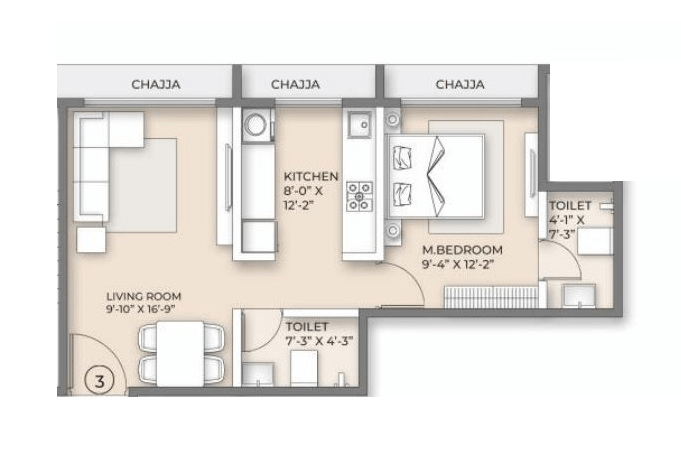 Ornate Serenity Unit plan - 510 sq.ft.