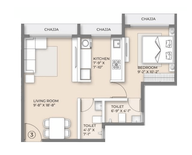 Ornate Serenity Unit plan - 500 sq.ft.