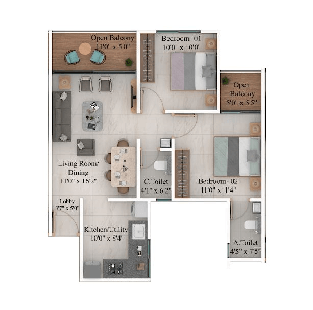 Sonigara The Unicorn Unit plan - 692 sq.ft.